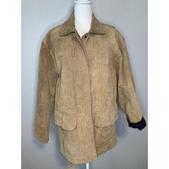 Suede Leather Jacket Womens M Tan Zip Up & Snap Flannel Lined 90s Y2K Western - Picture 1 of 11